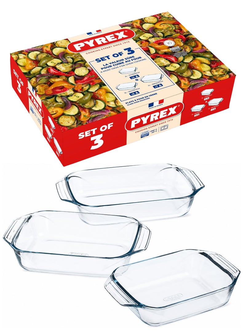 بيريكس Pyrex Rectangular Glass Roaster Set of 3 , Oven, Microwave, Freezer & Dishwasher Safe Borosilicate Baking Dishes, Clear - Image 2