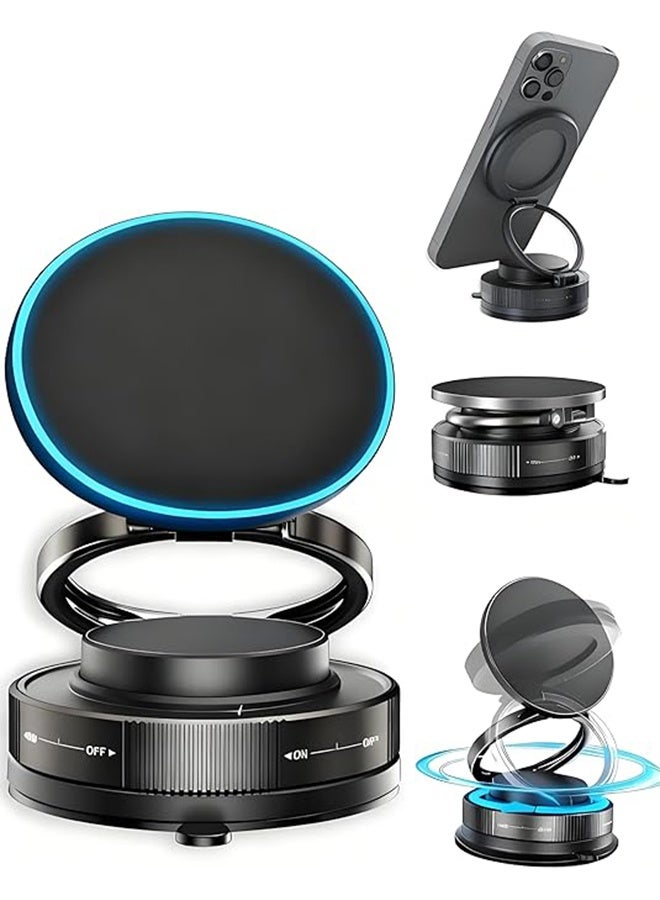 Vacuum Magnetic Car Phone Holder with Strong Magnets, 360° Adjustable Dash Cell Phone Holders, Foldabl Car Mount with Vacuum Suction Cup for Cars、Gym、Mirror Smooth Surface iOS Android, Black - Image 1