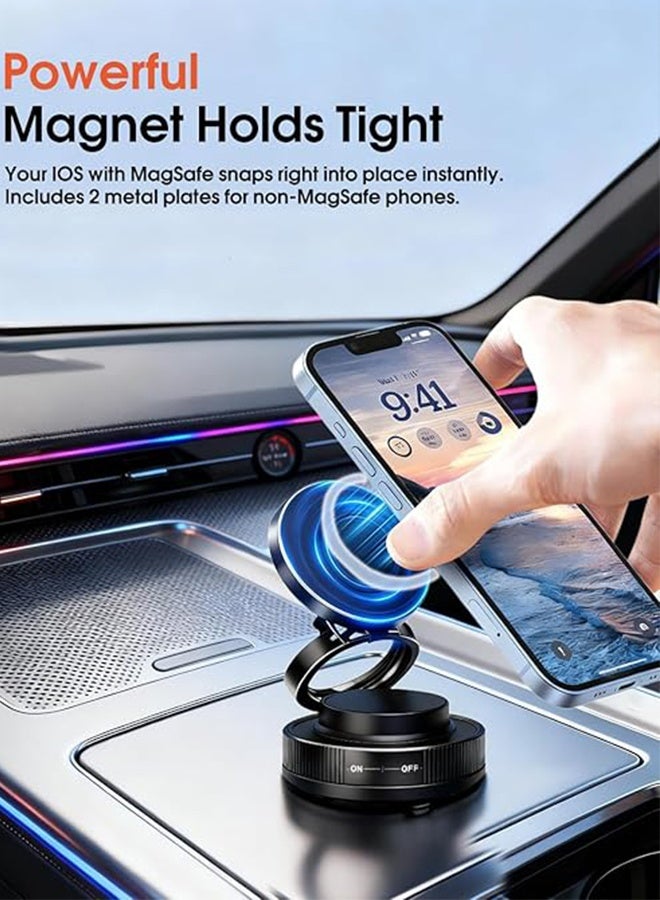 Vacuum Magnetic Car Phone Holder with Strong Magnets, 360° Adjustable Dash Cell Phone Holders, Foldabl Car Mount with Vacuum Suction Cup for Cars、Gym、Mirror Smooth Surface iOS Android, Black - Image 2