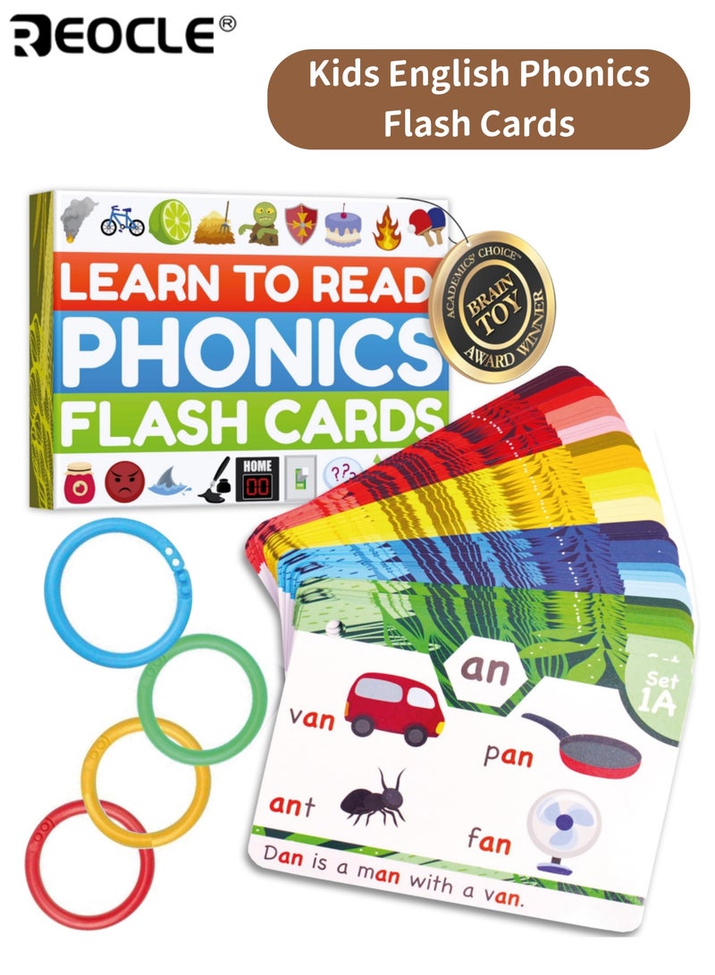 REOCLE English Phonics Flash Cards for Kids Interactive Reading Learning Kit with Digraphs CVC Words Blends and Long Vowel Sounds Educational Games for Ages 4-8 Kindergarten to 2nd Grade Ideal for Kids - Image 1