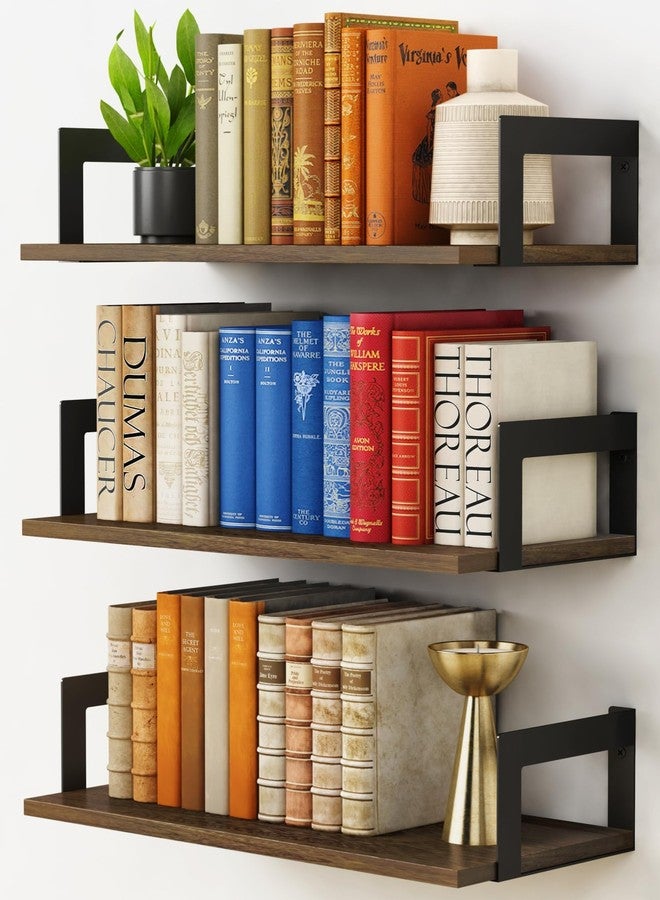 Harwaya Floating Book Shelves for Wall Set of 3, 17 x 8 Inch Deep Wooden Wall Bookshelf for Bedroom Office, Rustic Wood Hanging Wall Shelves for Living Room Kitchen (Dark Brown) - Image 1
