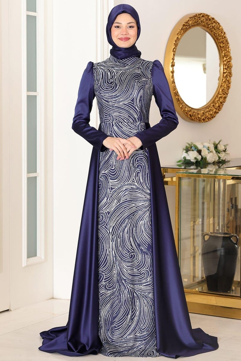 Esilanur Miray Hijab Evening Dress Navy Blue  - Image 1