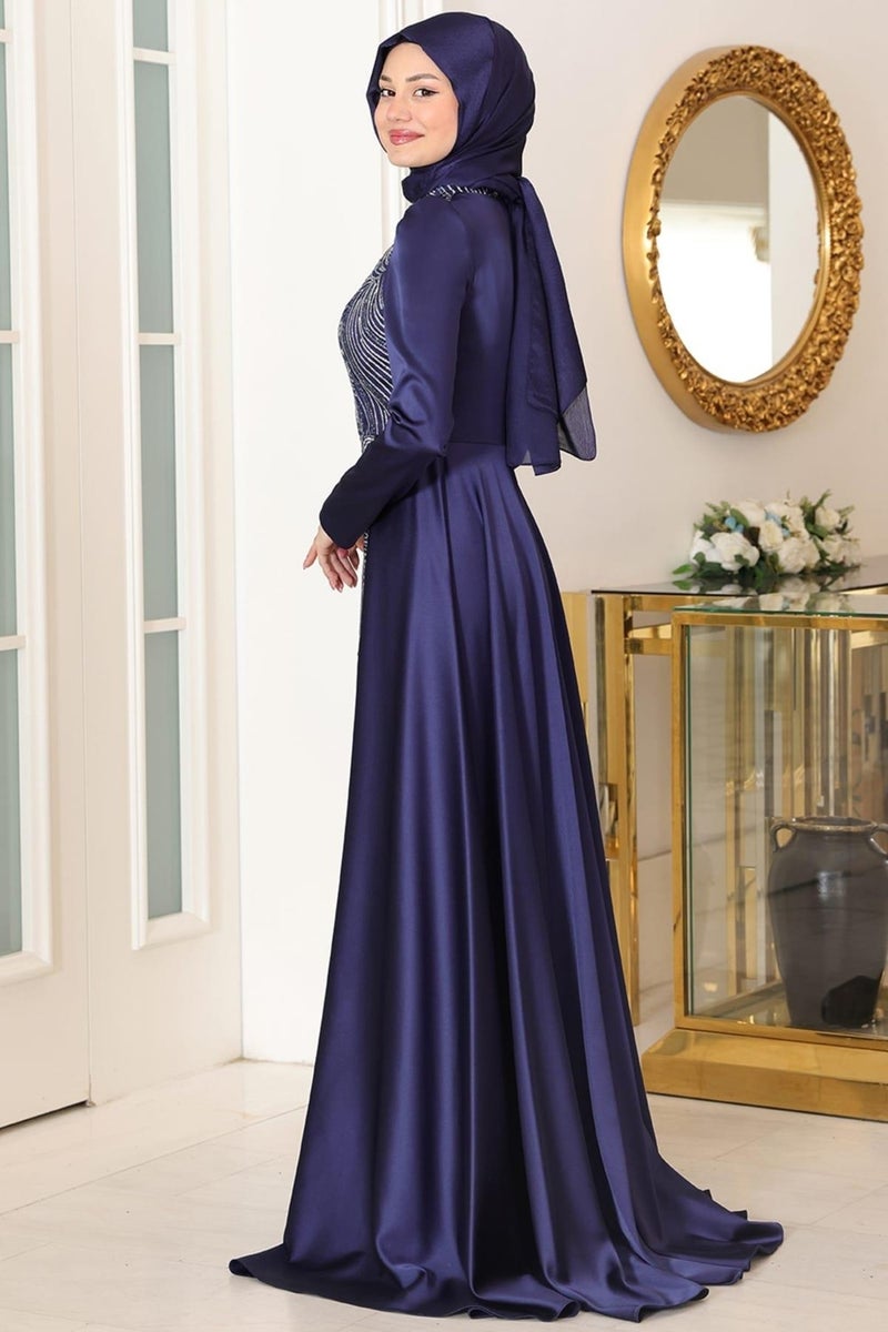 Esilanur Miray Hijab Evening Dress Navy Blue  - Image 3