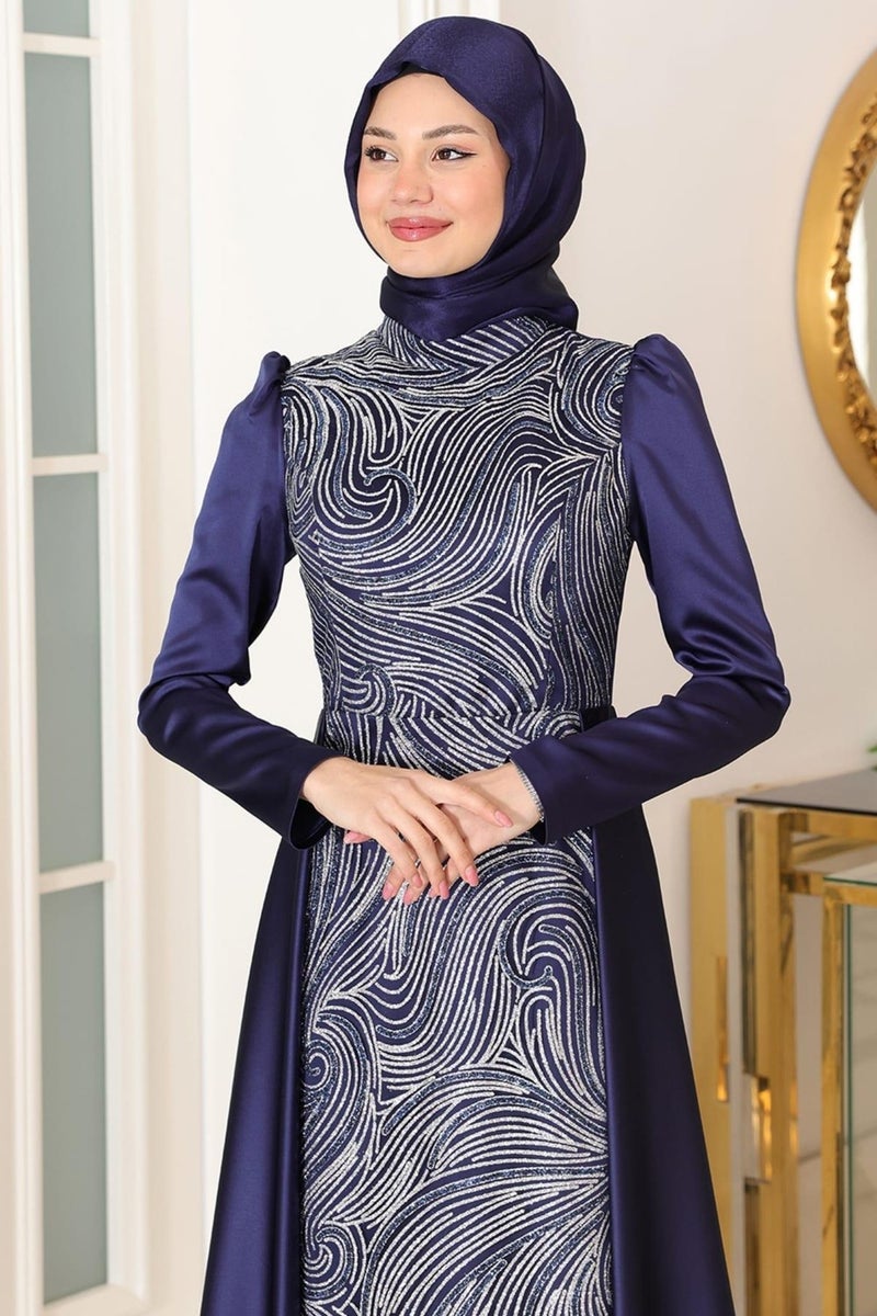 Esilanur Miray Hijab Evening Dress Navy Blue  - Image 2