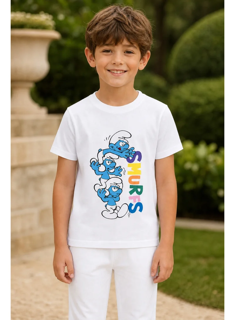 Trucare The Smurfs Triple Character Graphic T-Shirt for Boys | Rainbow Logo Print Casual Crew Neck Tee