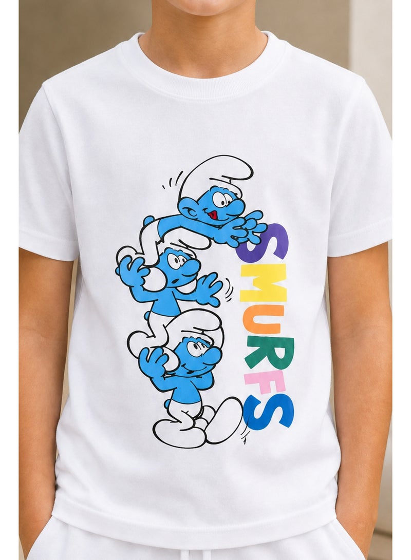 Trucare The Smurfs Triple Character Graphic T-Shirt for Boys | Rainbow Logo Print Casual Crew Neck Tee - Image 4