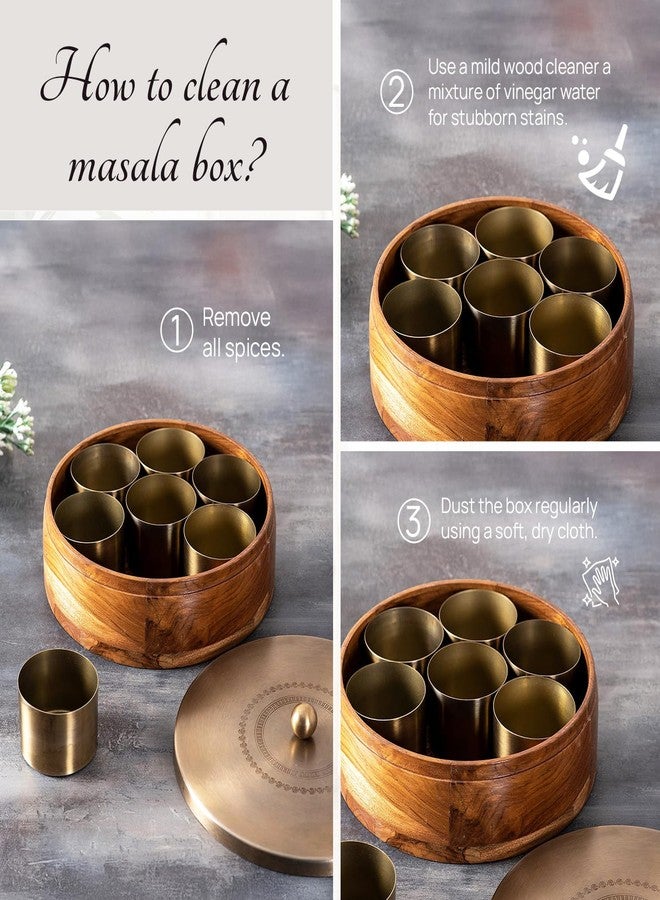 nestroots Wooden Masala Box for Kitchen | 9-Inch Spice Organizer with 7 Stainless Steel Jars | Anjarai Petti | Masala Dani for Spices, Dry Fruits & Cereals | Laser Golden Finish - Image 3