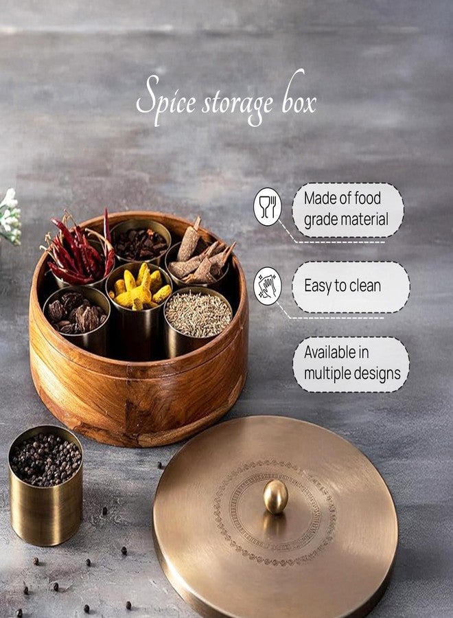nestroots Wooden Masala Box for Kitchen | 9-Inch Spice Organizer with 7 Stainless Steel Jars | Anjarai Petti | Masala Dani for Spices, Dry Fruits & Cereals | Laser Golden Finish - Image 4
