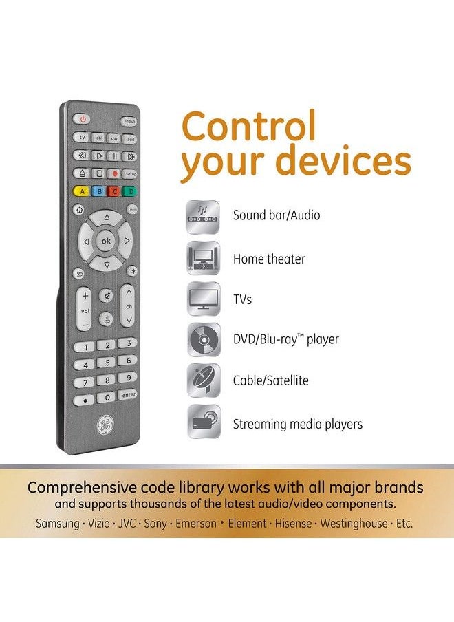 GE - Backlit Universal Remote Control For Samsung Vizio Lg Sony Sharp Roku Apple Tv Tcl Panasonic Smart Tv Streaming Players Bluray Dvd Simple Setup 4Device Graphite 48848 - Image 1