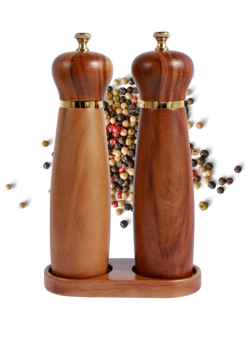 Excefore Wood Salt and Pepper Grinder Set with Base Coarseness Adjustable Salt Pepper Mill Grinder Manual Salt and Pepper Shakers with Ceramic Core Practical Mill Grinder Set Pepper Mill for Home Kitchen - Image 1