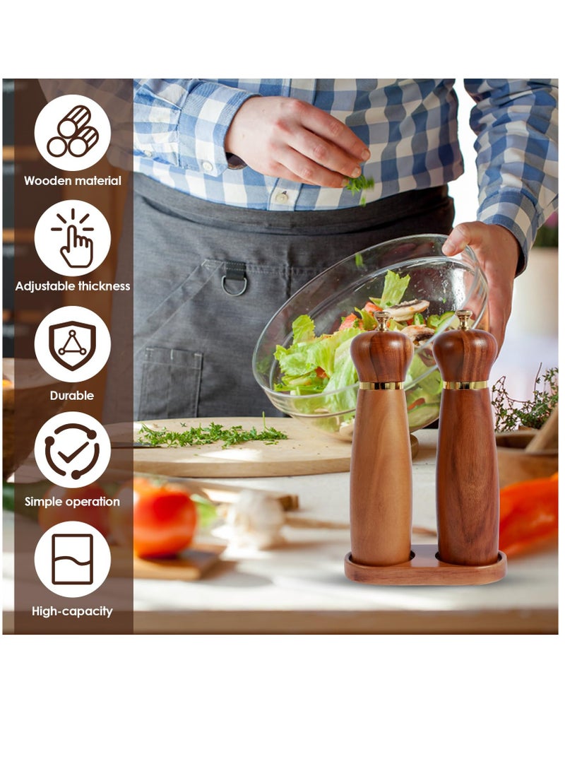 Excefore Wood Salt and Pepper Grinder Set with Base Coarseness Adjustable Salt Pepper Mill Grinder Manual Salt and Pepper Shakers with Ceramic Core Practical Mill Grinder Set Pepper Mill for Home Kitchen - Image 2