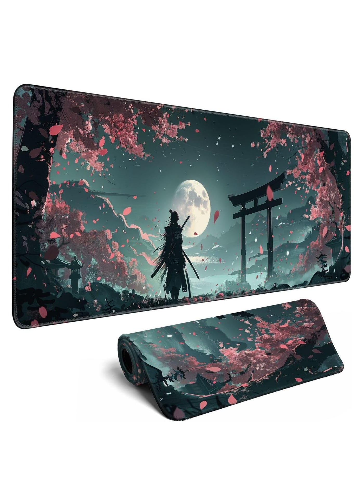 Japanese Full Moon Mouse Pad Desk Pad Samurai Desk Decor Mat, Large Gaming Mouse Pad for Desk Computer Keyboard Laptop, Desk Decor Home Office Accessories 30cm x 70cm