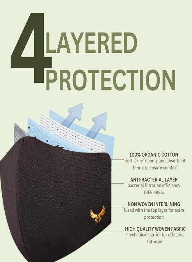 MASQ Sabre & Wings 4 Layer, Anti-Pollution Reusable, Breathable, Anti-Bacterial (BFE>99%) Embroidered 100% Pure Cotton Cloth Face Mask Combo with Ear Adjusters for Men, (Black Pack of 3) - Image 4