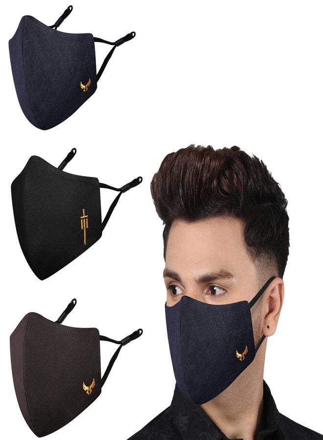MASQ Sabre & Wings 4 Layer, Anti-Pollution Reusable, Breathable, Anti-Bacterial (BFE>99%) Embroidered 100% Pure Cotton Cloth Face Mask Combo with Ear Adjusters for Men, (Black Pack of 3) - Image 1