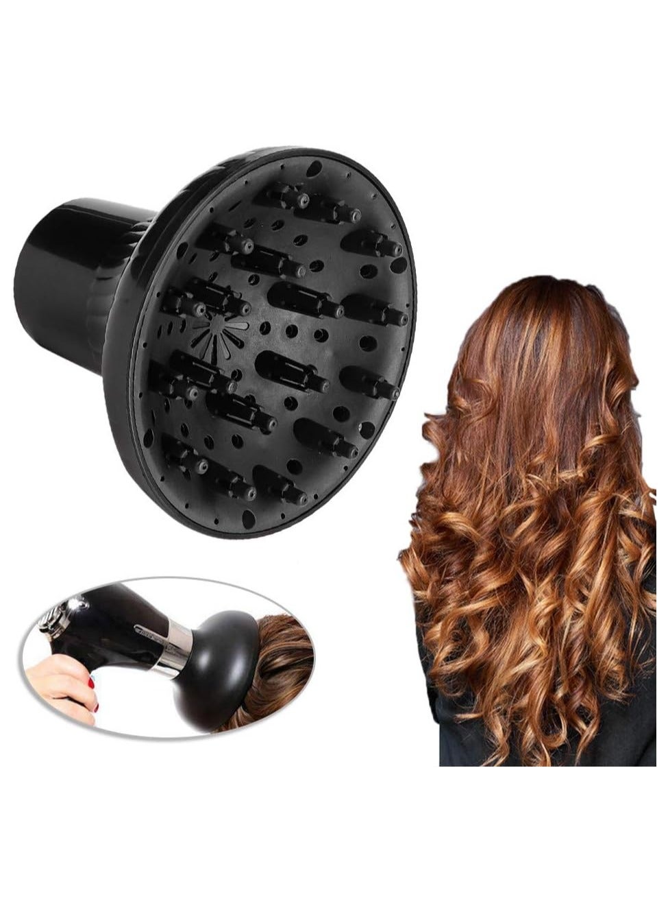 Universal design hair dryer diffuser attachment compatible with almost all hair dryers, perfect for styling curly or wavy hair while drying and providing maximum volume without frizz
