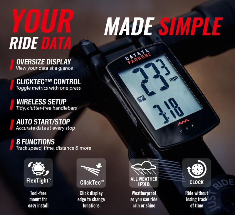 CATEYE Padrone Wireless Bike Computer – Oversized Display Cyclocomputer, Wireless Speedometer & Odometer, FlexTight™ Mount, Auto Start/Stop, Programmable Odometer - Image 3