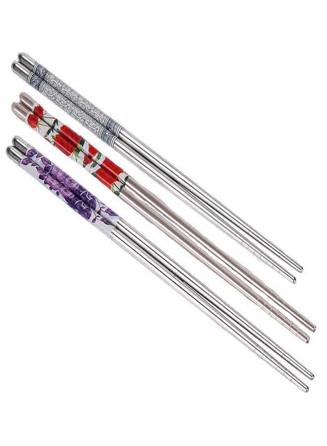 AKRIZA Stainless Steel Round Reusable Chopsticks (Set of 3 - Gray(1 Pair), Purple(1 Pair), Red(1 Pair)) - Image 1