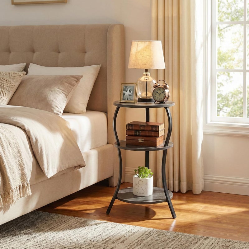 YEAKOO Vintage Small Round Side Table, 3-Tier Slim Waist Circular End Table with Storage Shelf, Compact Tea Sofa Side Table, Round Corner Coffee Table Nightstand for Living Room Bedroom Small Spaces,Grey - Image 2