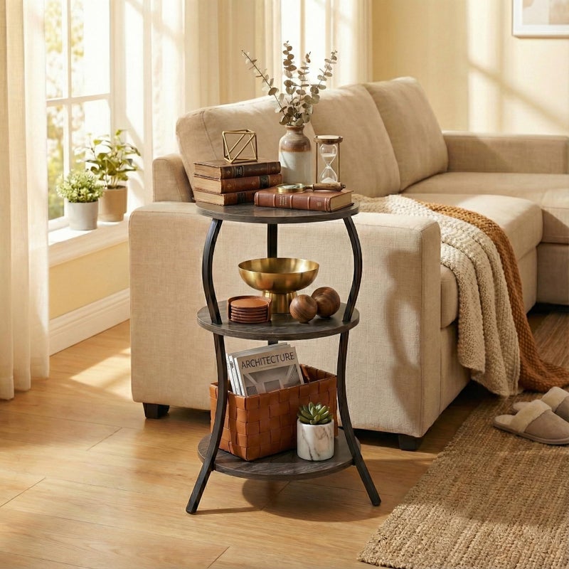 YEAKOO Vintage Small Round Side Table, 3-Tier Slim Waist Circular End Table with Storage Shelf, Compact Tea Sofa Side Table, Round Corner Coffee Table Nightstand for Living Room Bedroom Small Spaces,Grey - Image 4