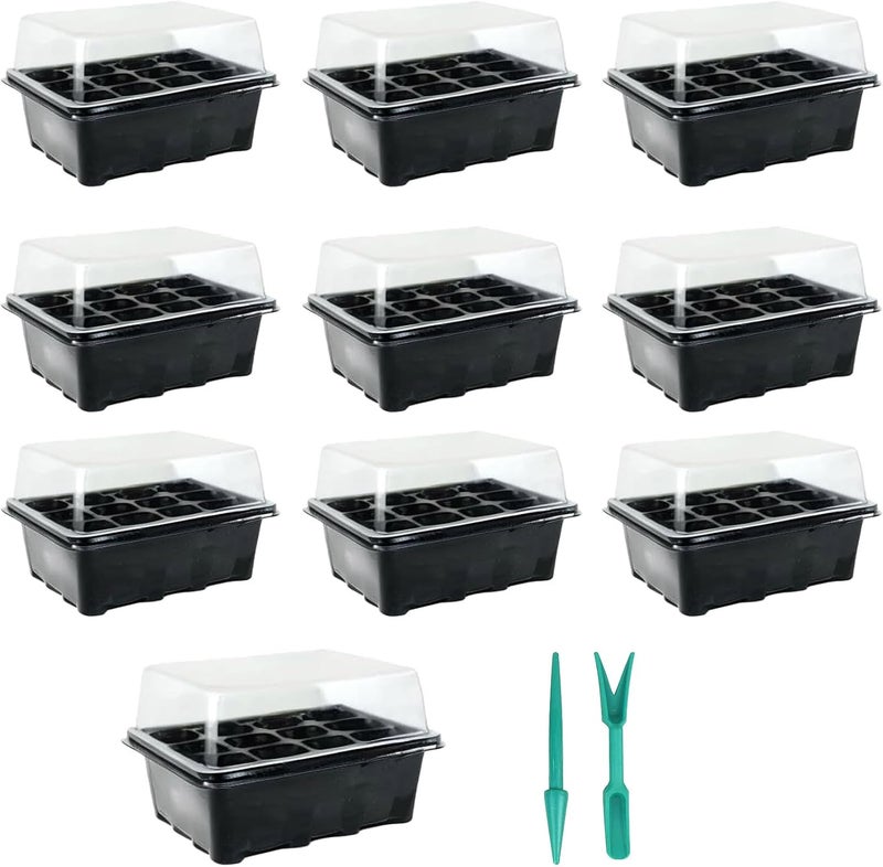 Gardeningwill 10 Sets of Plant Seedling Starter Trays  12 Cells per Tray with Dome Durable Reusable Plant Germination Kit with Dibber  Widger  - Image 1