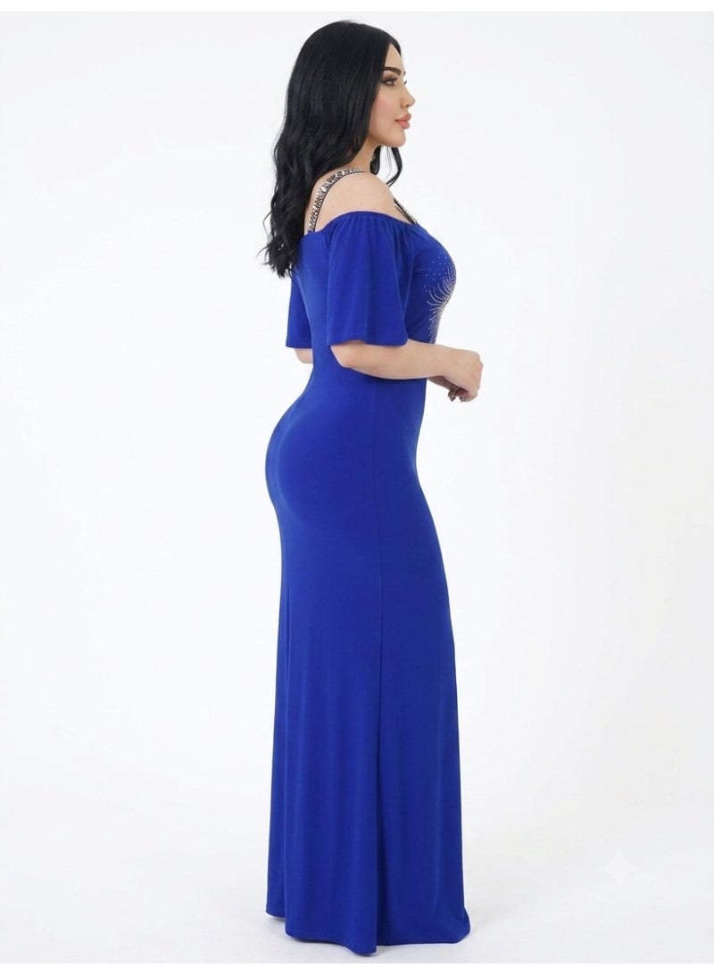 Women's Soft Maxi Home Dress Off Shoulder Short Sleeve Printed Lounge Dress Casual House Dress Stretchy Comfortable Free Size Up to 65 kg Blue - Image 2