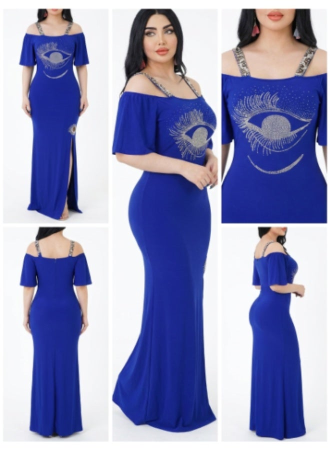 Women's Soft Maxi Home Dress Off Shoulder Short Sleeve Printed Lounge Dress Casual House Dress Stretchy Comfortable Free Size Up to 65 kg Blue - Image 5