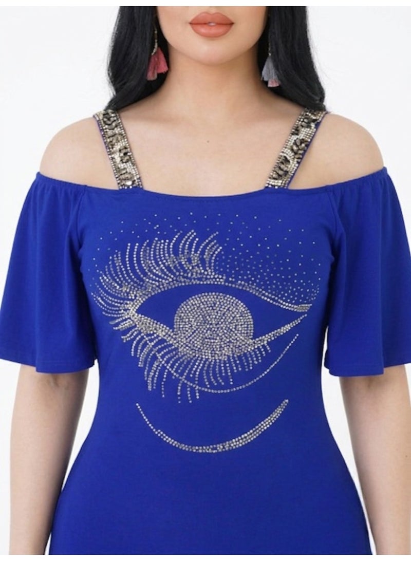 Women's Soft Maxi Home Dress Off Shoulder Short Sleeve Printed Lounge Dress Casual House Dress Stretchy Comfortable Free Size Up to 65 kg Blue - Image 3
