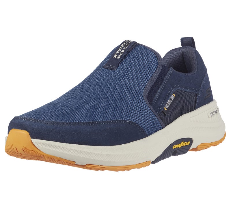 SKECHERS أحذية سكيشرز جو ووك الخارجية - أحذية رياضية سهلة الارتداء للمشي في المسارات مع وسادة هوائية من الذاكرة باللون الأزرق/الأصفر - Image 1