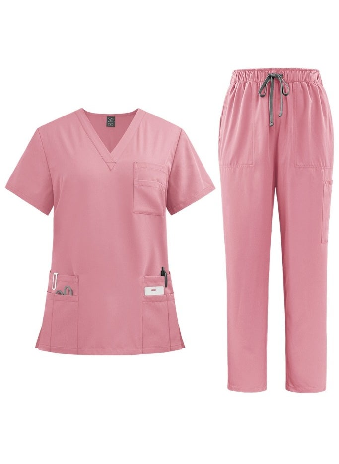 Loquat Medical Uniform Scrubs Set Medical Scrubs 2 Piece Set Top and Pants Suit With Pockets Pink 