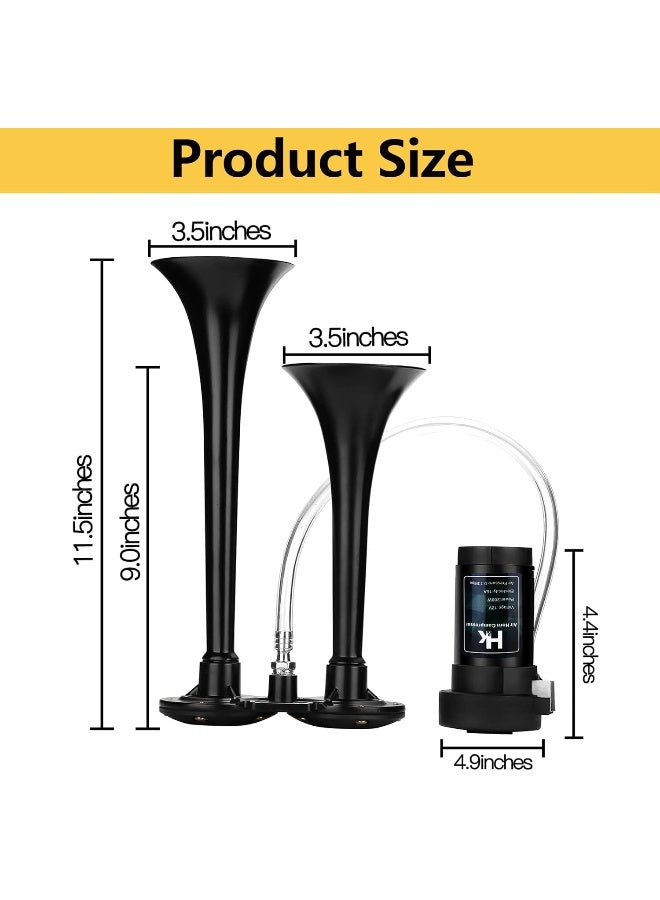 HK 12V 150db Car Air Horn, Super Loud Dual Trumpet Air Horn Kit with Compressor for Any 12V Vehicles Trucks Lorrys Trains Boats Cars Vans Kit (Black) - Image 2