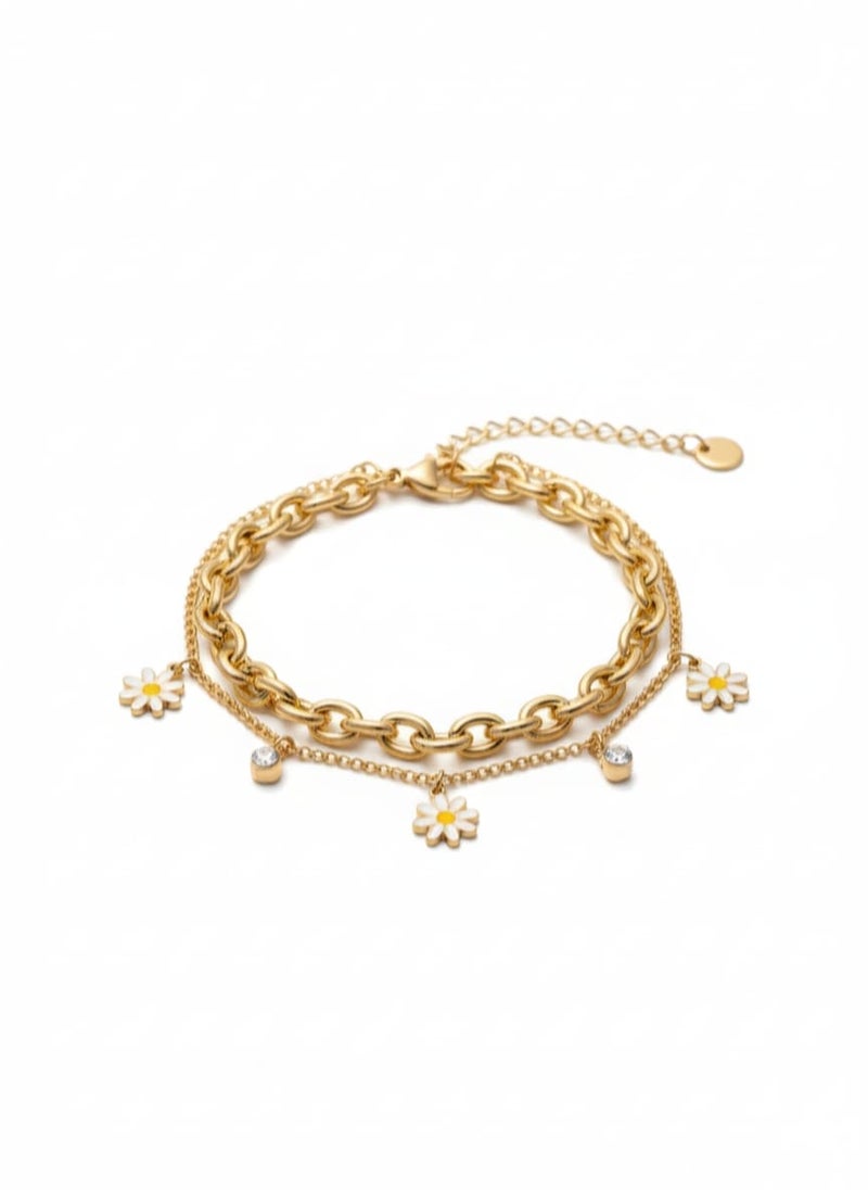 إنسيال طبقتين ذهبي جذاب بتصميم زهور بلون ابيض واصفر وفصوص لامعة، مصنوع من ستانلس ستيل المقاوم للصدأ وقابل للتعديل. - Image 1