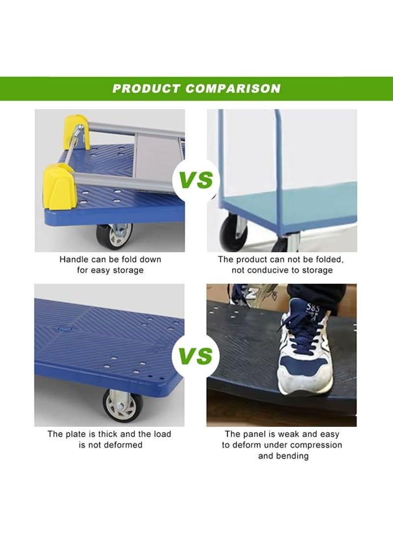 400KG Platform Trolley with Foldable Handle, Heavy Duty Cart with 360 Degree Swivel Wheels, Soundless Wheels, Blue, Portable for Loading and Moving - Image 2