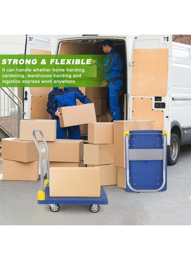 400KG Platform Trolley with Foldable Handle, Heavy Duty Cart with 360 Degree Swivel Wheels, Soundless Wheels, Blue, Portable for Loading and Moving - Image 3