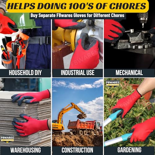 F8WARES 20 Pairs Latex Coated Safety Gloves for Men Industrial & Outdoor - Working Gloves for Men - Rubber Coated Hand Gloves for General Purpose, Gardening & Mechanical Work (Red/Black, Free Size) - Image 4