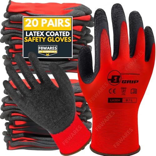 F8WARES 20 Pairs Latex Coated Safety Gloves for Men Industrial & Outdoor - Working Gloves for Men - Rubber Coated Hand Gloves for General Purpose, Gardening & Mechanical Work (Red/Black, Free Size) - Image 1