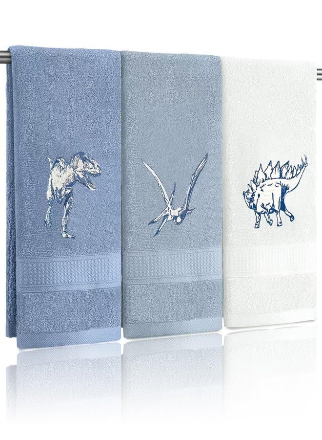 Hokoad 3 Pcs Dinosaur Decorative Hand Towels for Bathroom 13.5x29.5in Funny Dino Embroidered Bathroom Towels, Soft Absorbent 100% Cotton Hand Towels for Bathroom Kitchen(Blue) - Image 1