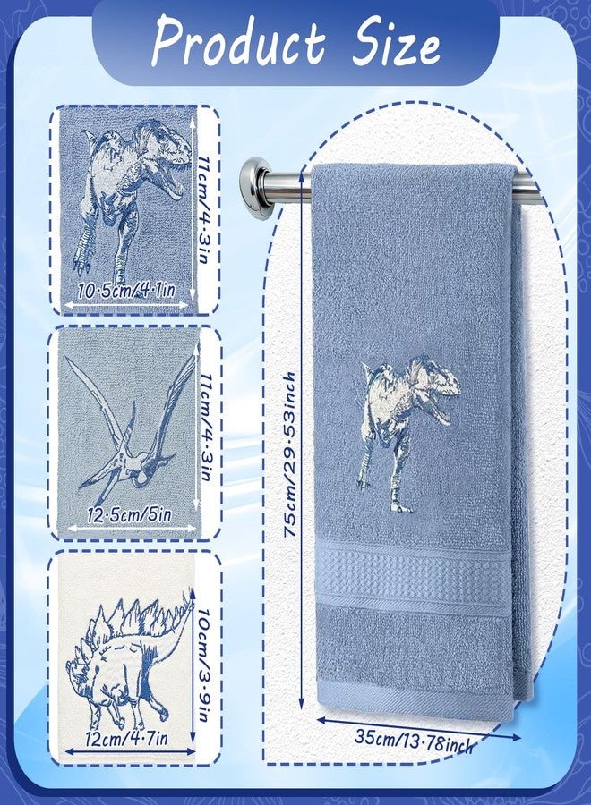 Hokoad 3 Pcs Dinosaur Decorative Hand Towels for Bathroom 13.5x29.5in Funny Dino Embroidered Bathroom Towels, Soft Absorbent 100% Cotton Hand Towels for Bathroom Kitchen(Blue) - Image 2