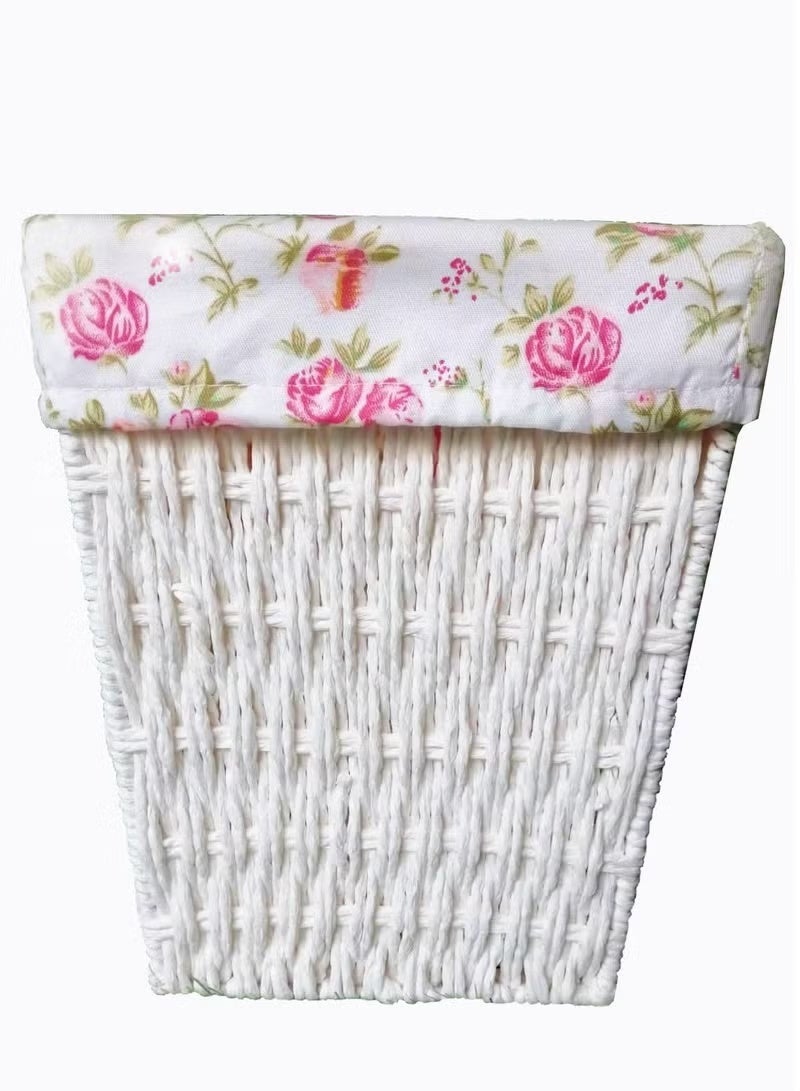 سلة تخزين مربعة من الخوص ببطانة قماش مزخرفة بالورود لتنظيم الأدراج والخزائن وغرفة النوم والحمام – تصميم أنيق ومتعدد الاستخدامات لحفظ الملابس والألعاب والإكسسوارات - Image 1