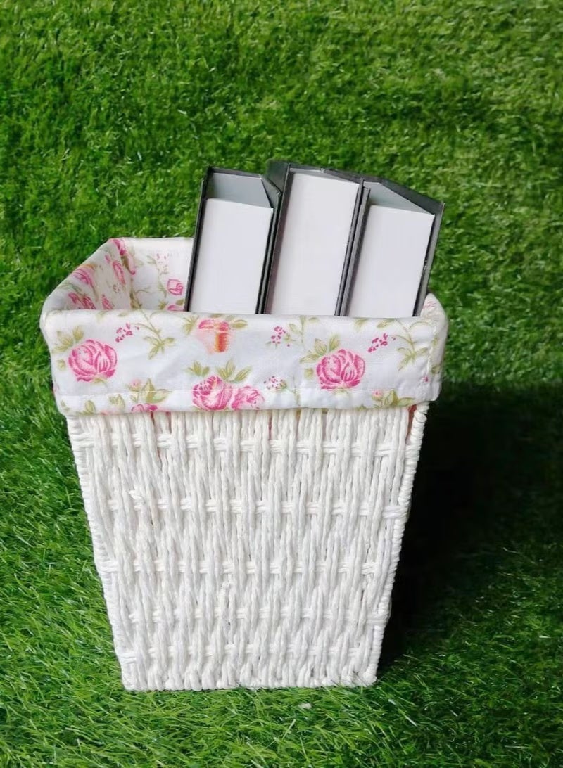 سلة تخزين مربعة من الخوص ببطانة قماش مزخرفة بالورود لتنظيم الأدراج والخزائن وغرفة النوم والحمام – تصميم أنيق ومتعدد الاستخدامات لحفظ الملابس والألعاب والإكسسوارات - Image 2