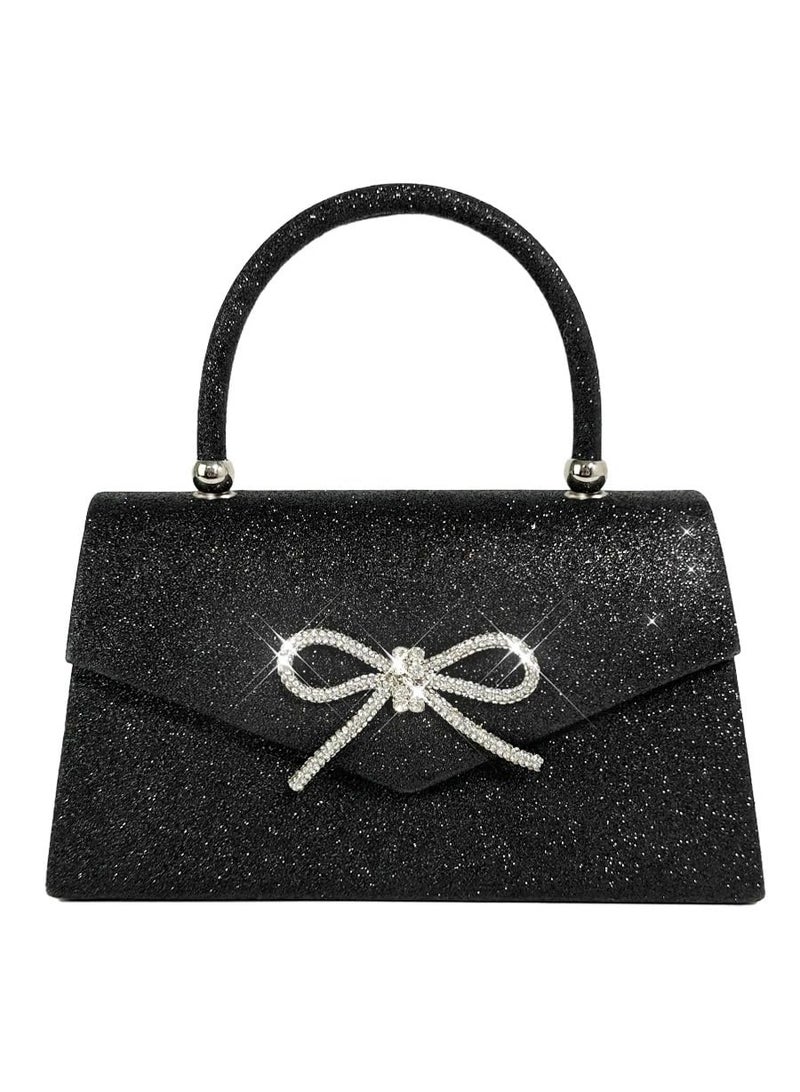 SYOSI Womens Evening Bag Sparkly Bow Clutch Purse Wedding Party Purses Glitter Rhinestone Prom Handbags Sparkling Powder Banquet Chain Crossbody Black  - Image 1