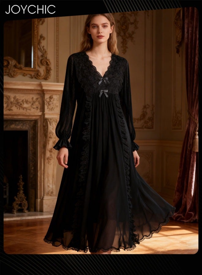 جوي شيك قميص نوم شبكي بأكمام طويلة على طراز القصر للنساء للربيع والخريف من الدانتيل فضفاض وناعم وجيد التهوية بيجامات ليلية بفتحة على شكل حرف V ملابس نوم باللون الأسود - Image 1