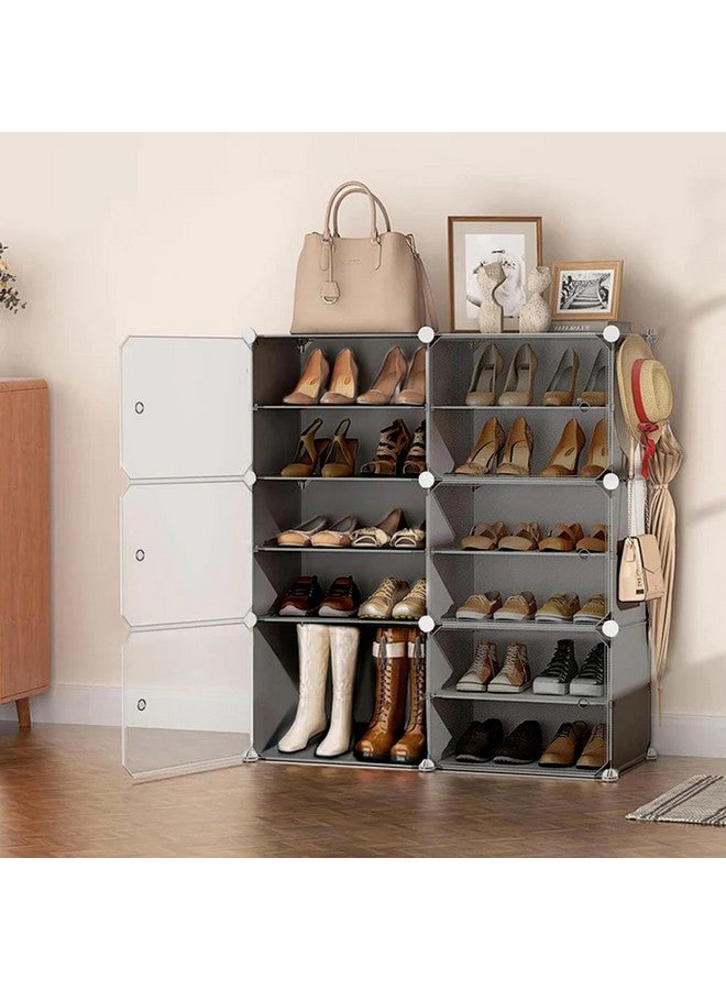 AYSIS Upgraded Shoe Rack for Home Plastic, Portable Shoe Rack with Dustproof Door for Heels/Slippers/Boots, 12-Layer Shoe Storage Cabinet with Hooks for Entryway or Bedroom - Grey - Image 1