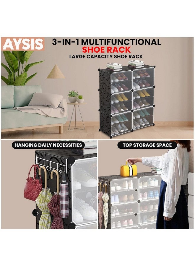 AYSIS Upgraded Shoe Rack for Home Plastic, Portable Shoe Rack with Dustproof Door for Heels/Slippers/Boots, 12-Layer Shoe Storage Cabinet with Hooks for Entryway or Bedroom - Grey - Image 2
