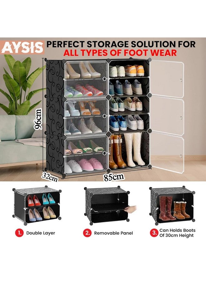 AYSIS Upgraded Shoe Rack for Home Plastic, Portable Shoe Rack with Dustproof Door for Heels/Slippers/Boots, 12-Layer Shoe Storage Cabinet with Hooks for Entryway or Bedroom - Grey - Image 3