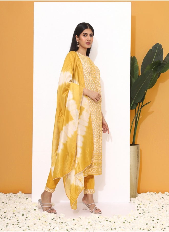 ISHIN Straight Fit Embroidered Pattern Round Neck Three-Quarter Sleeves Mustard Colour Woven Cotton Kurta Set for Women with Semi Elastic Closure - An Ideal Pick for Any Occasion  - Image 3