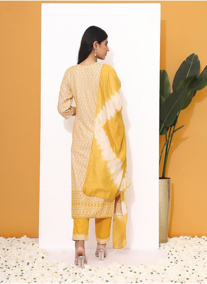 ISHIN Straight Fit Embroidered Pattern Round Neck Three-Quarter Sleeves Mustard Colour Woven Cotton Kurta Set for Women with Semi Elastic Closure - An Ideal Pick for Any Occasion  - Image 5