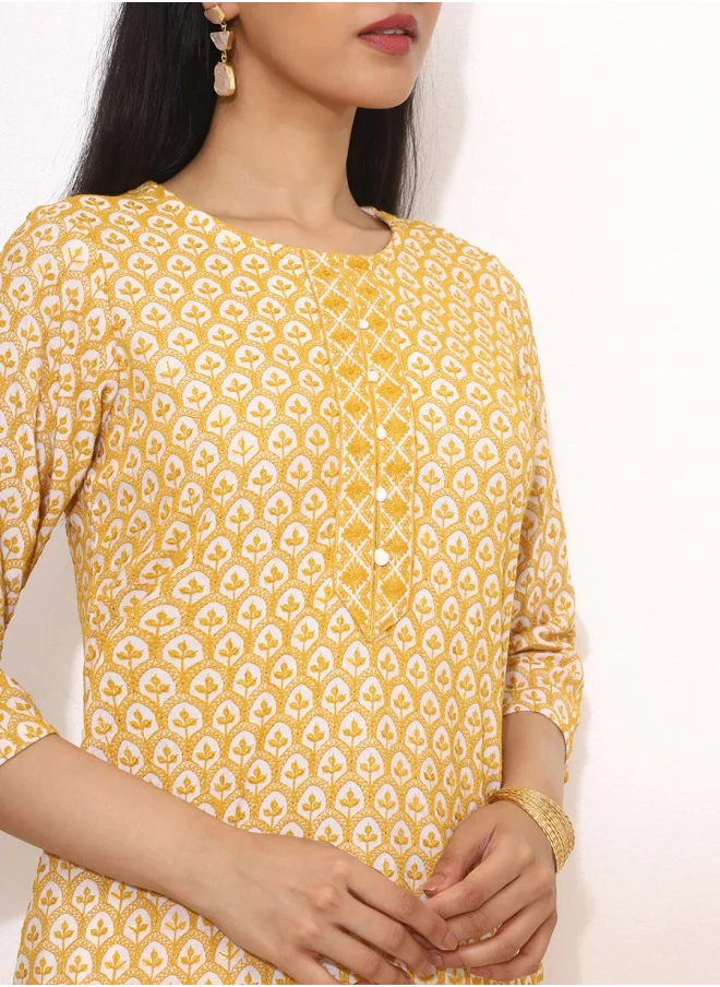 ISHIN Straight Fit Embroidered Pattern Round Neck Three-Quarter Sleeves Mustard Colour Woven Cotton Kurta Set for Women with Semi Elastic Closure - An Ideal Pick for Any Occasion