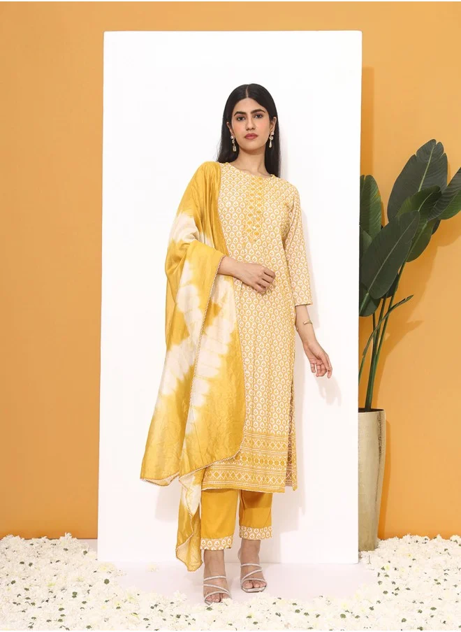 ISHIN Straight Fit Embroidered Pattern Round Neck Three-Quarter Sleeves Mustard Colour Woven Cotton Kurta Set for Women with Semi Elastic Closure - An Ideal Pick for Any Occasion