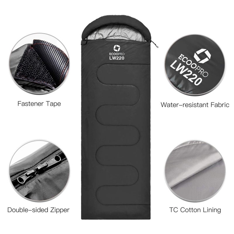 ECOOPRO Warm Weather Sleeping Bag - Portable, Waterproof, Compact Lightweight, Comfort with Compression Sack - Great for Outdoor Camping, Backpacking & Hiking-83 L x 30" W Fits Adults (B-Black) - Image 3