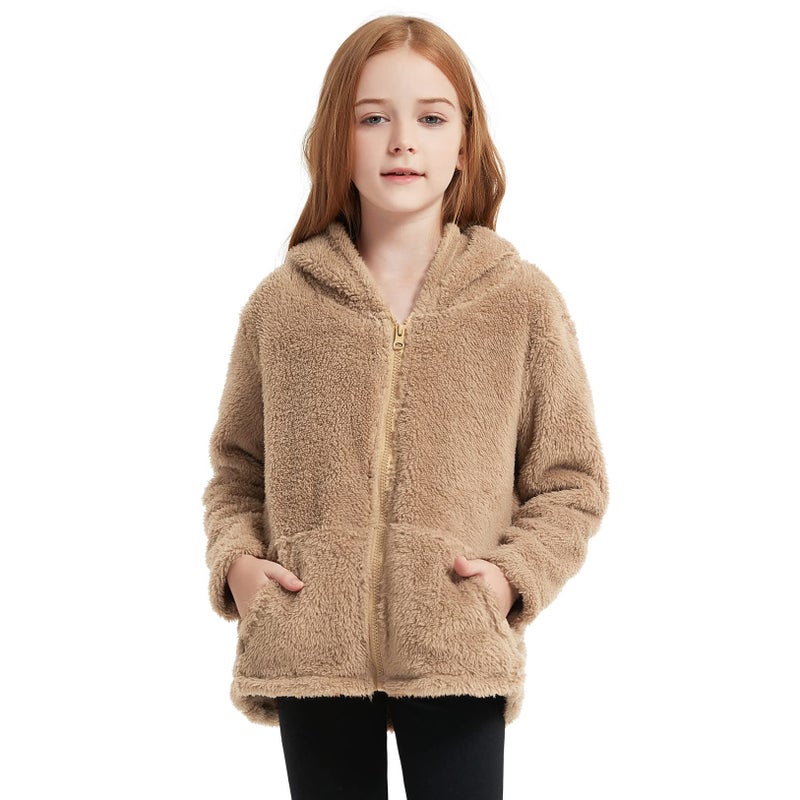 QPANCY Teen Girls Fuzzy Sherpa Coat Kids Solid Warm Polar Fleece Jacket Fall Winter OutwearSize 12 13 Khaki